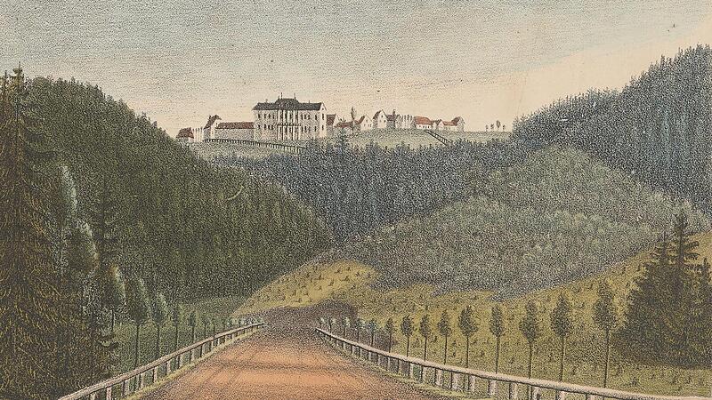 Ansicht von Oberhof mit dem neuen Jagdschloss des Herzogs, im Vordergrund die Chaussee Coburg–Gotha, um 1835. Ansicht von Oberhof mit dem neuen Jagdschloss des Herzogs, im Vordergrund die Chaussee Coburg–Gotha, um 1835.