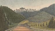 Ansicht von Oberhof mit dem neuen Jagdschloss des Herzogs, im Vordergrund die Chaussee Coburg&ndash;Gotha, um 1835.