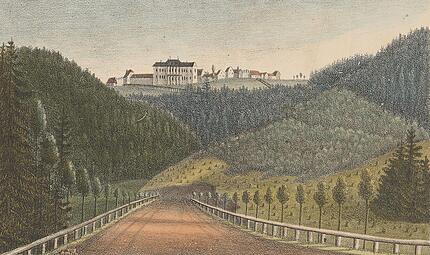 Ansicht von Oberhof mit dem neuen Jagdschloss des Herzogs, im Vordergrund die Chaussee Coburg–Gotha, um 1835. Ansicht von Oberhof mit dem neuen Jagdschloss des Herzogs, im Vordergrund die Chaussee Coburg–Gotha, um 1835.