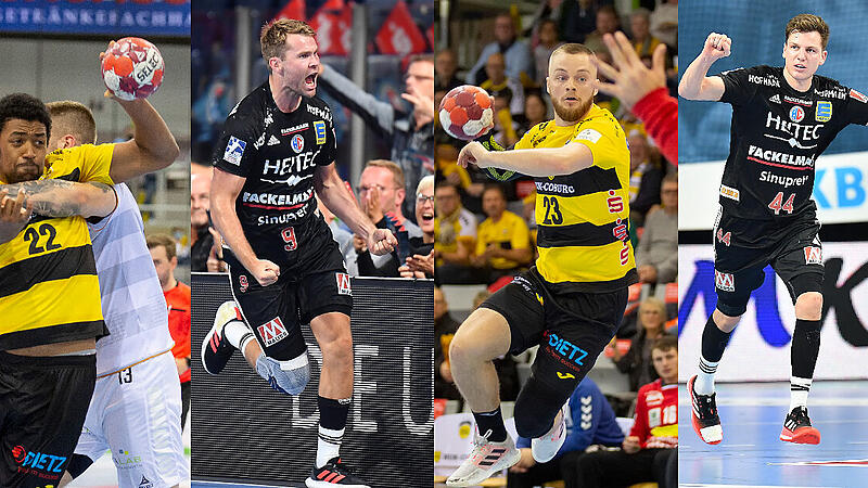 Sie vertreten Franken bei der Handball-EM: von links Christoph Steinert (HC Erlangen), Dieudonn&eacute; Mubenzem (HSC Coburg), Petter Overby (HC Erlangen) und Lukas Juskenas (Litauen).