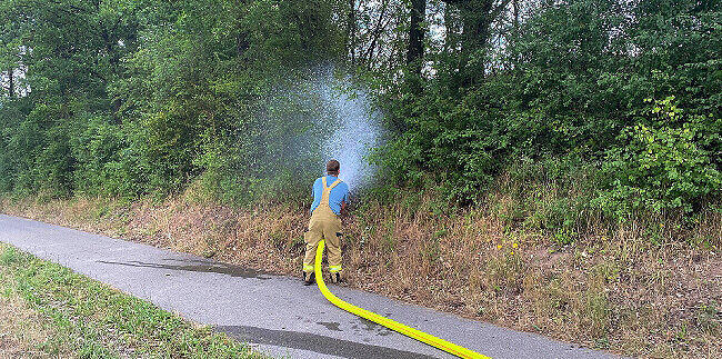 Feuerwehrleute w&auml;sserten Fl&auml;chen, um das Feuer zu stoppen.