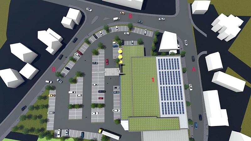 Schematische Darstellung des künftigen Supermarkt-Areals im Coburger Süden: Der Markt liegt an der Ketschendorfer Straße; der Parkplatz bleibt, wie gehabt, vom Postweg erreichbar. Schematische Darstellung des künftigen Supermarkt-Areals im Coburger Süden: Der Markt liegt an der Ketschendorfer Straße; der Parkplatz bleibt, wie gehabt, vom Postweg erreichbar.